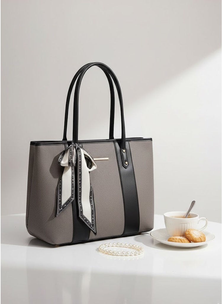 FUMES Noir Women’s Elegant Panel Tote Handbag with Scarf Detail – Structured Premium Shoulder Bag - Image 2